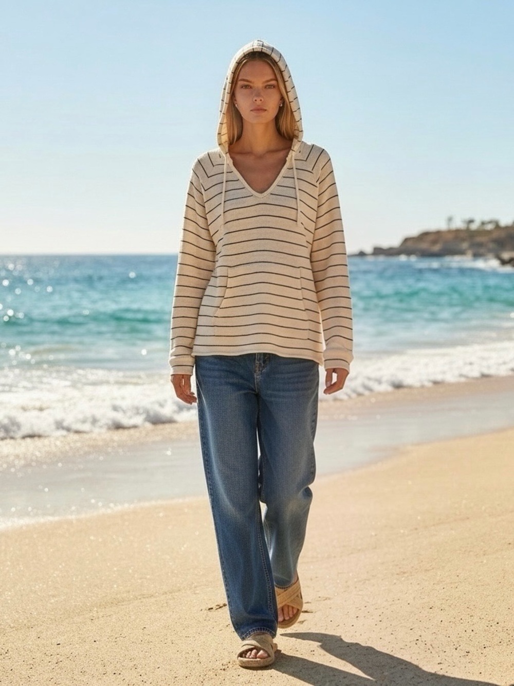 Billabong Essentials Striped Pullover Hoodie Cream Black Size Large